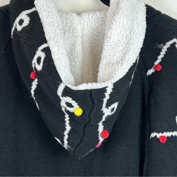 Christmas Sweater Hoodie Knit Sherpa Silver Lettering Pom Poms - Picture 3 of 14
